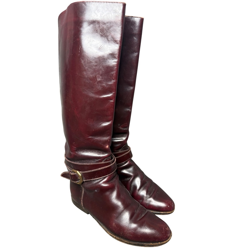 Charles David Burgundy Leather Tall Riding Boots Italy Ankle Strap Buckle